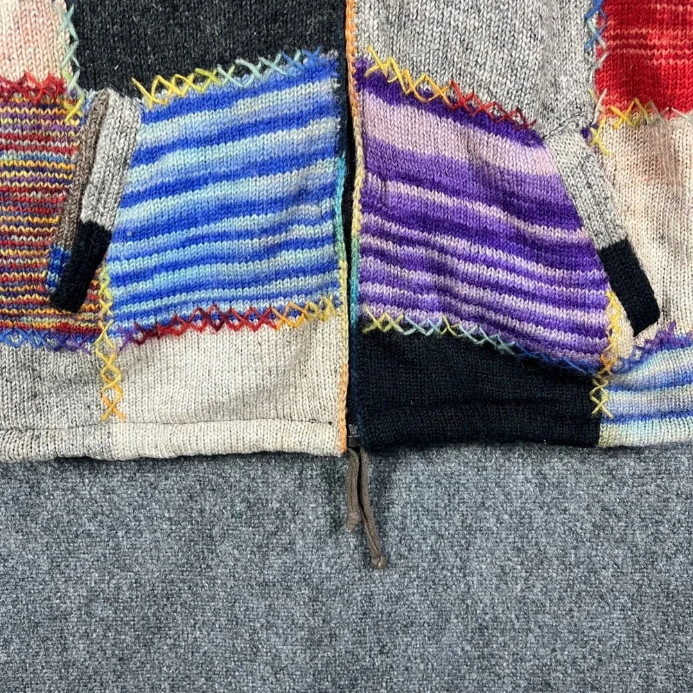 Nepal Wool Patchwork Zip Hoodie Unisex M Multicolor Fleece Lined Boho Jacket